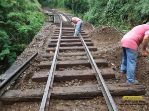 Instalação de novos dormentes na cabeceira superior, observe o dormente maior, em primeiro plano, onde são fixadas as pontas dos contra trilhos.