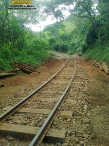 Aspecto da via na cabeceira superior, onde foram trocados os dormentes e renovado o lastro. Observe nas laterais a terra que foi removida do lastro.