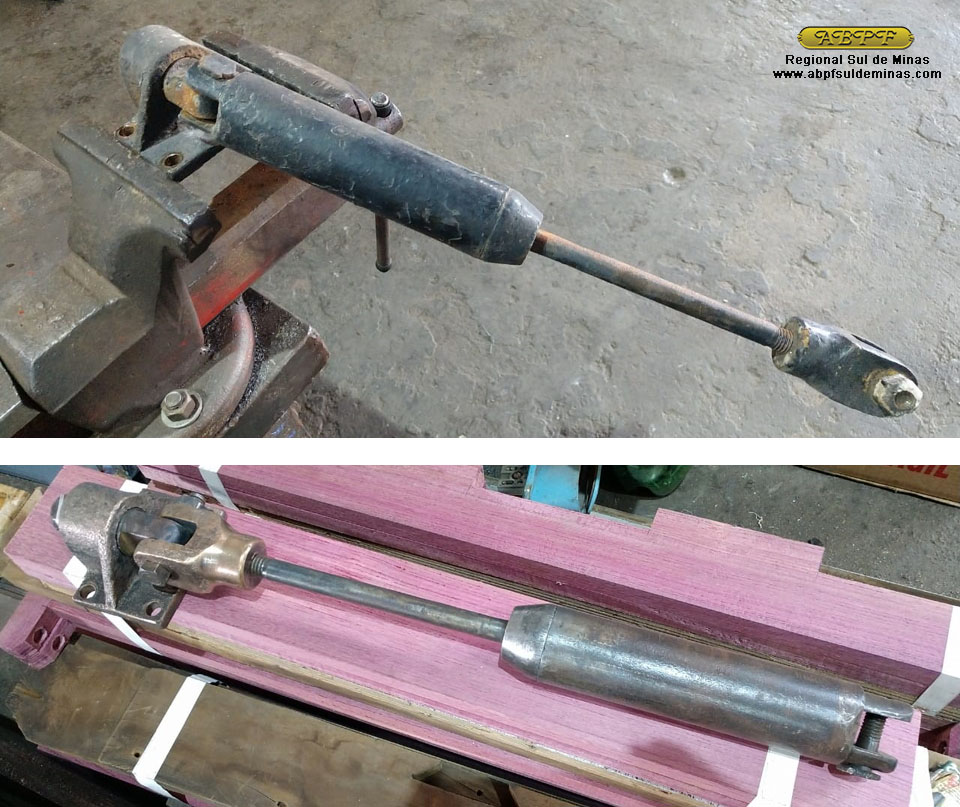 Aspecto do antes e depois de um dos amortecedores dos alçapões das escadas, inteiramente recuperado nas oficinas.