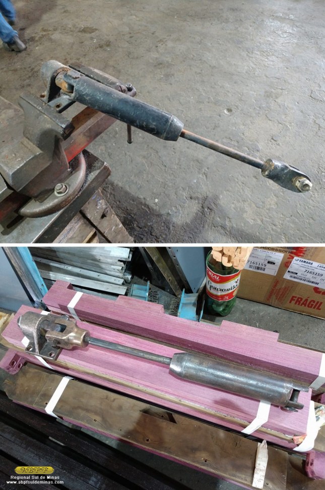 Aspecto do antes e depois de um dos amortecedores dos alçapões das escadas, inteiramente recuperado nas oficinas.